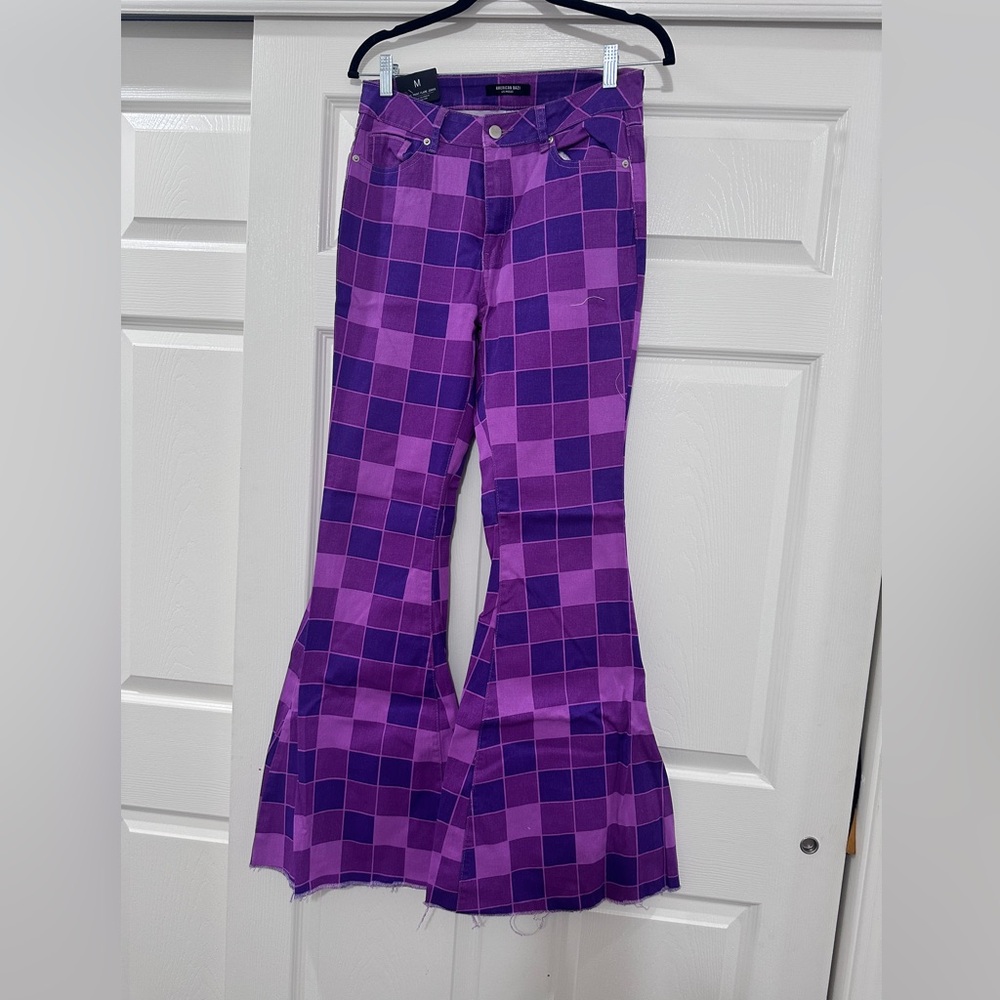 Purple Checkered Women's Flared Pants